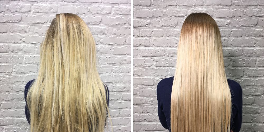 TRISSOLA Anti-aging and keratin smoothing  before and after photo of woman with blonde hair - Lunica Beauty distributor for Arizona, Nevada, and Utah - Salon professionals