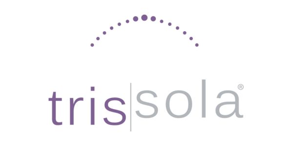 Logo for trissola in purple and grey text on a white background